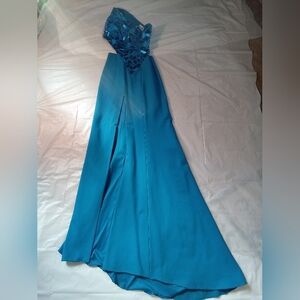 Sherri Hill Teal Blue Trumpet Gown with Mirror Bodice